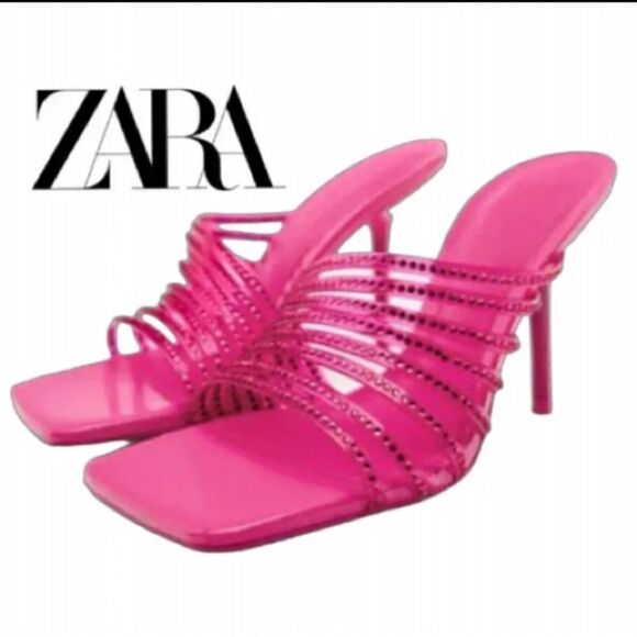 Zara Discounted Vinyl Pink Rhinestone Squared Toe High Heels Dress Sandals Shoes - Picture 5 of 14